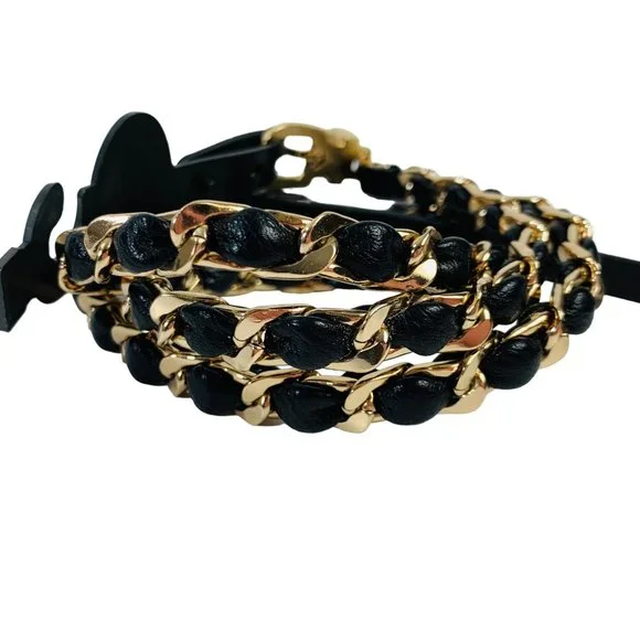 Forever 21 Chunky Gold Link Chain Belt Sz S-M Black Faux Leather Adjustable